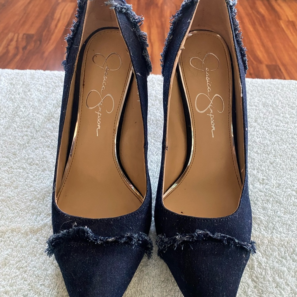 Denim Fabric Frayed Heels by Jessica Simpson